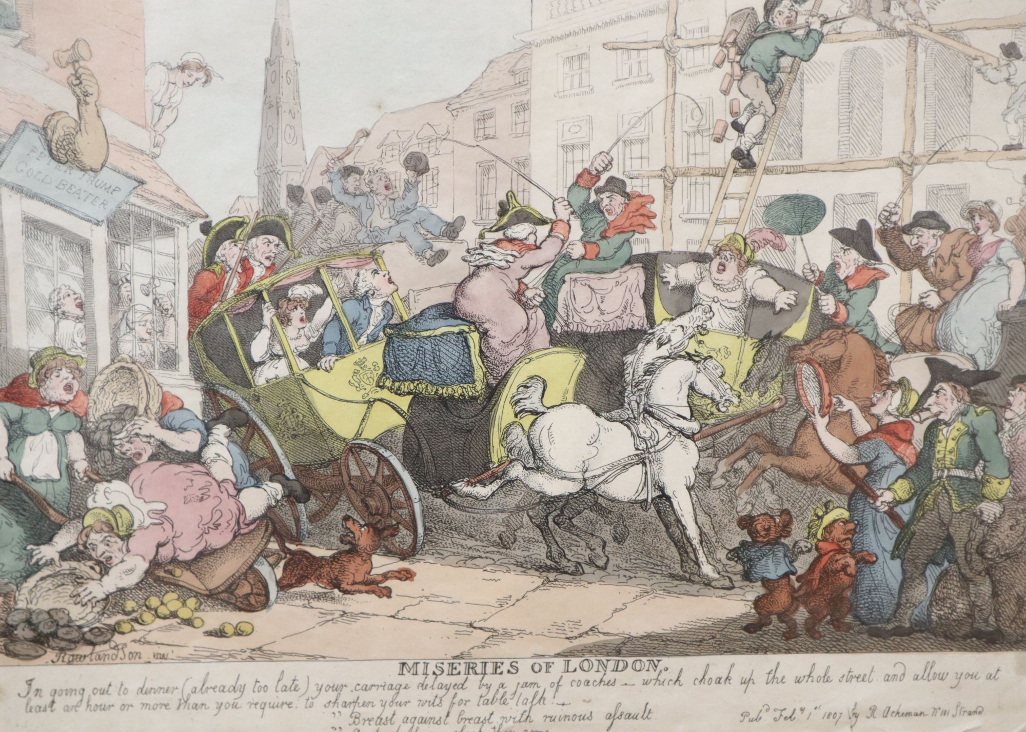 After Rowlandson, coloured engravings, Miseries of London, 26 x 35.5cm